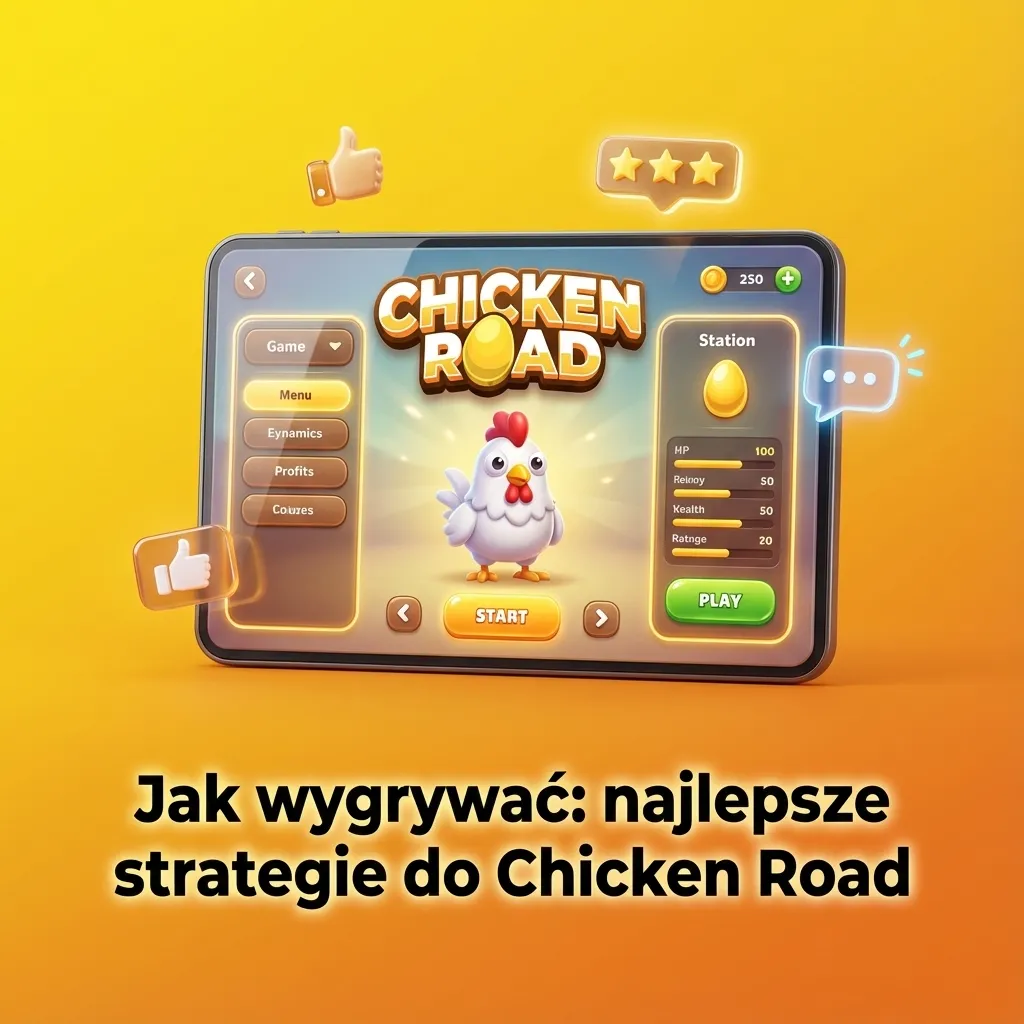 Ekran gry Chicken Road z kurczakiem na drodze i wyróżnionym napisem „Najlepsze strategie wygrywania” po polsku