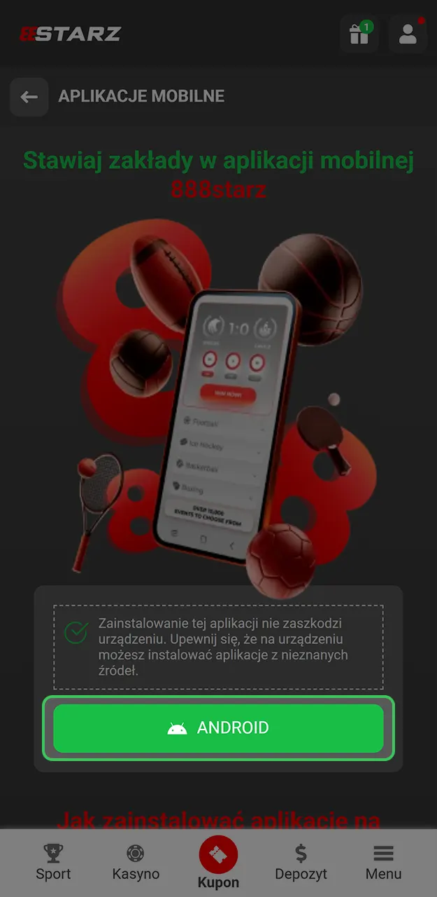 Pobierz plik APK kasyna 888Starz, aby uruchomić automat Chicken Road na Androidzie.