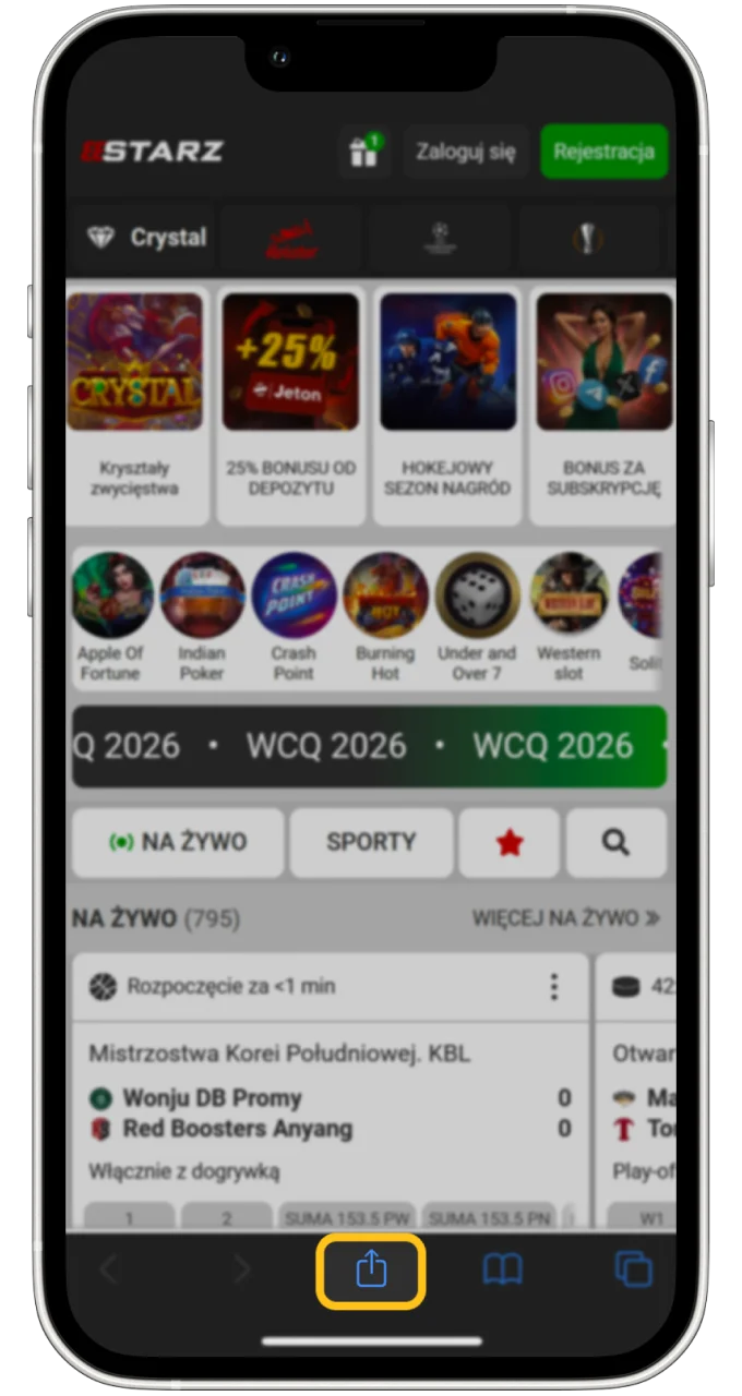 Kliknij przycisk Udostępnij w przeglądarce, aby zainstalować aplikację 888starz i uruchomić Chicken Road.