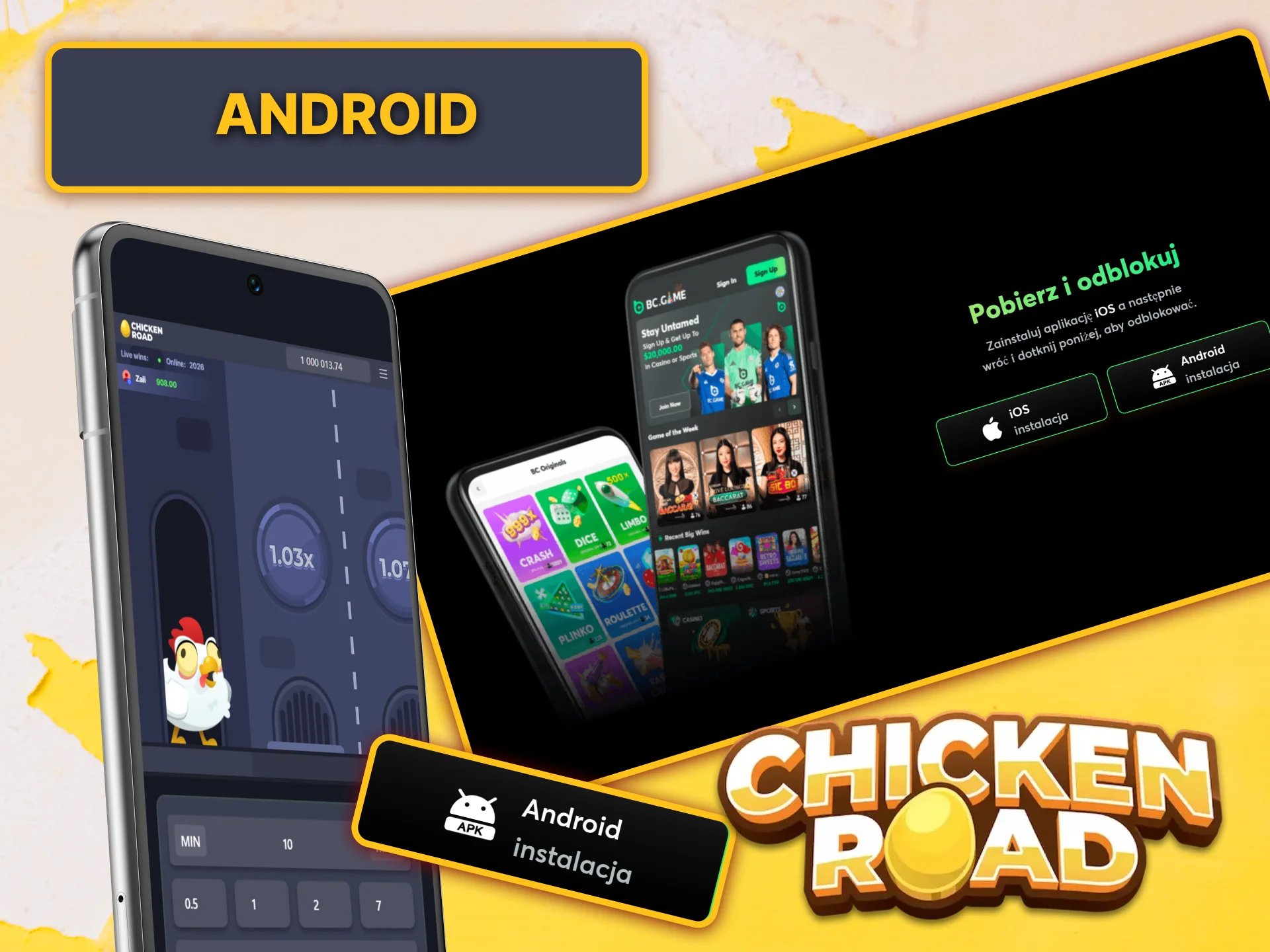 Zagraj w grę Chicken Road w aplikacji BC Game na swoim urządzeniu z systemem Android.