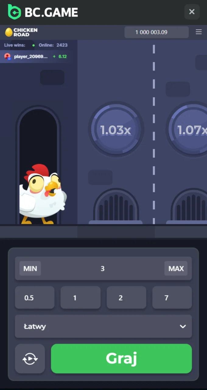 Kliknij Graj, aby rozpocząć rundę Chicken Road w BC Game.