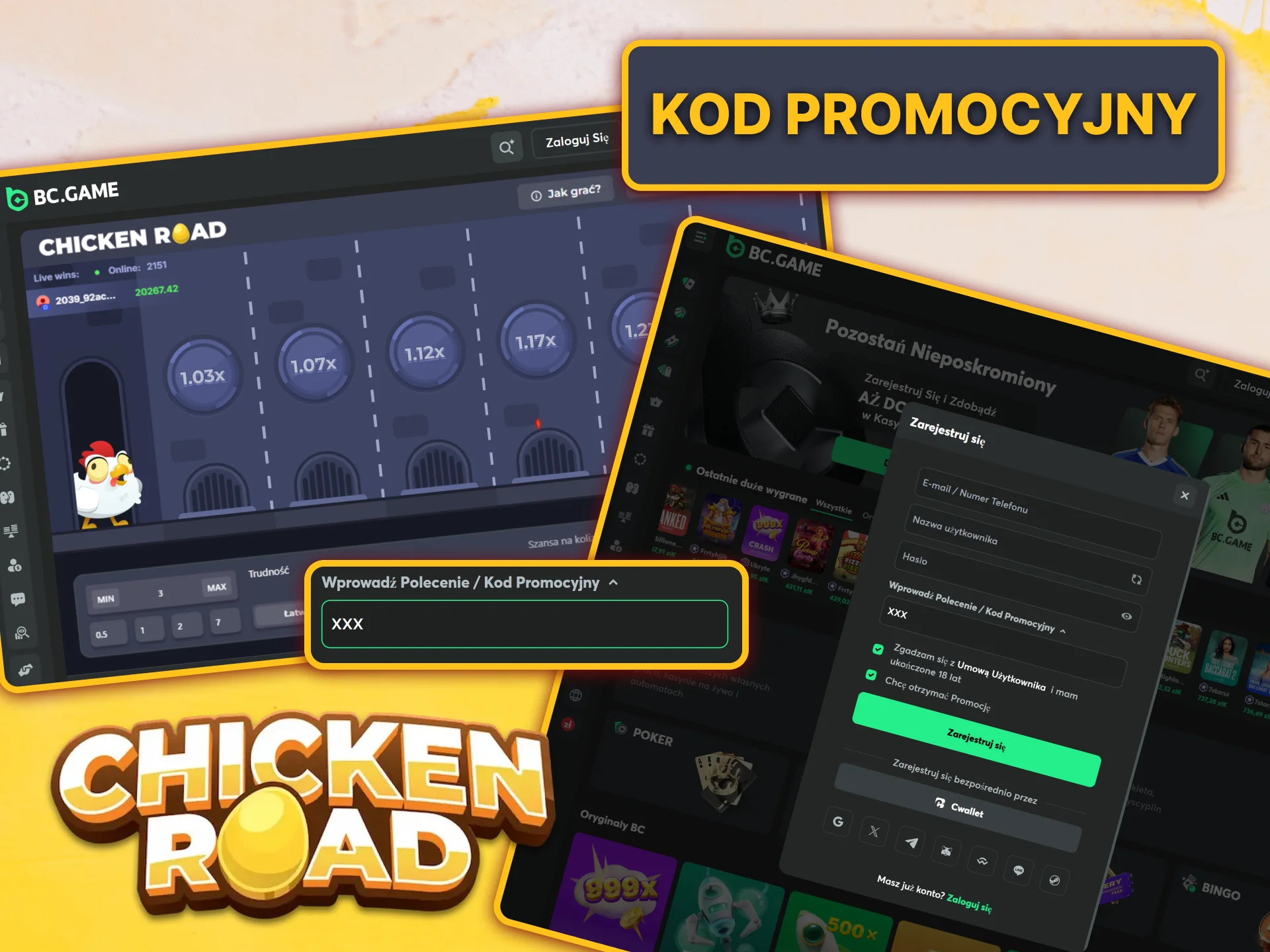 Podczas rejestracji w BC Game wpisz kod promocyjny i otrzymaj bonus w Chicken Road.