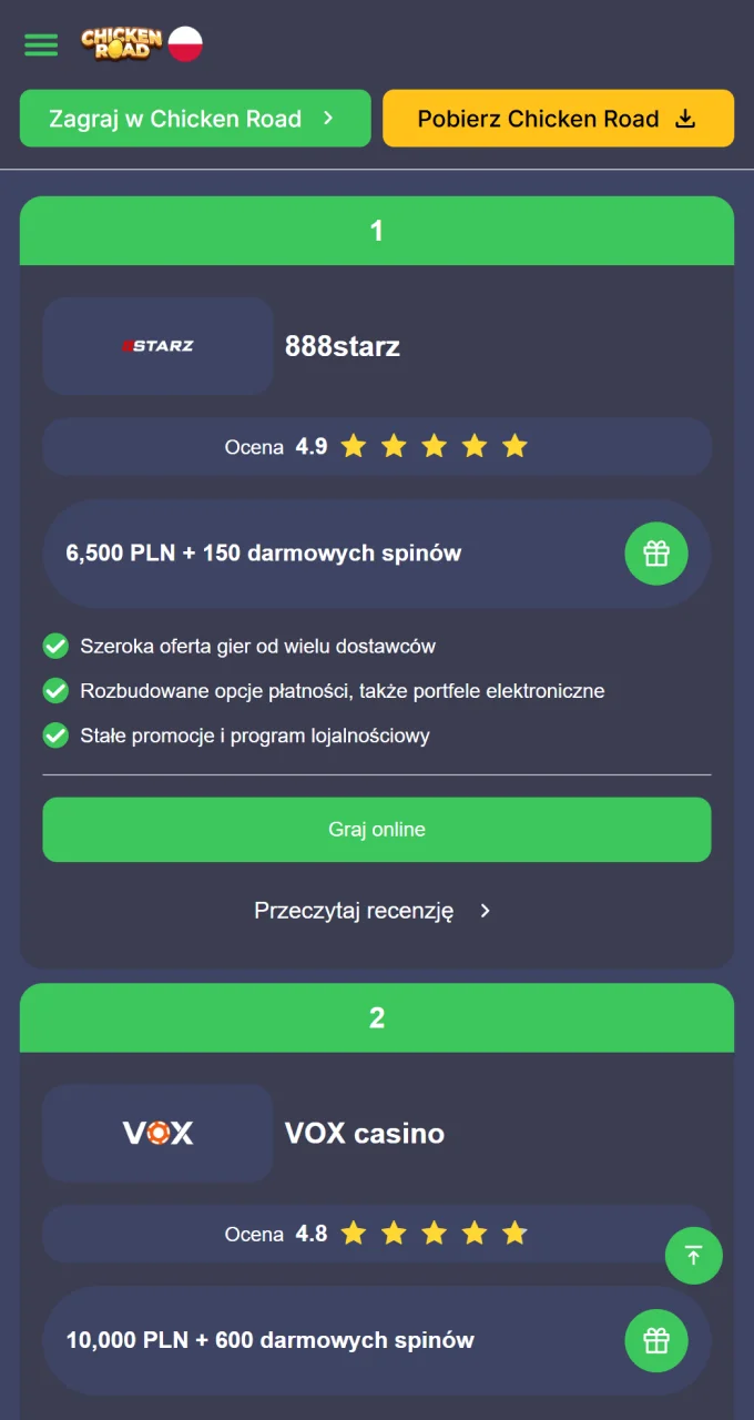 Sprawdź nasz ranking najlepszych kasyn z bonusami i spróbuj szczęścia w Chicken Road.