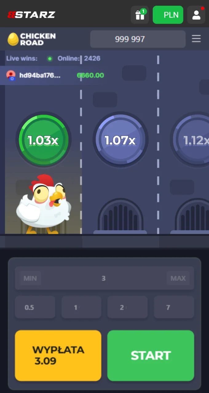 Postaw zakład i kliknij Start, aby rozpocząć grę w Chicken Road z aktywnym bonusem.