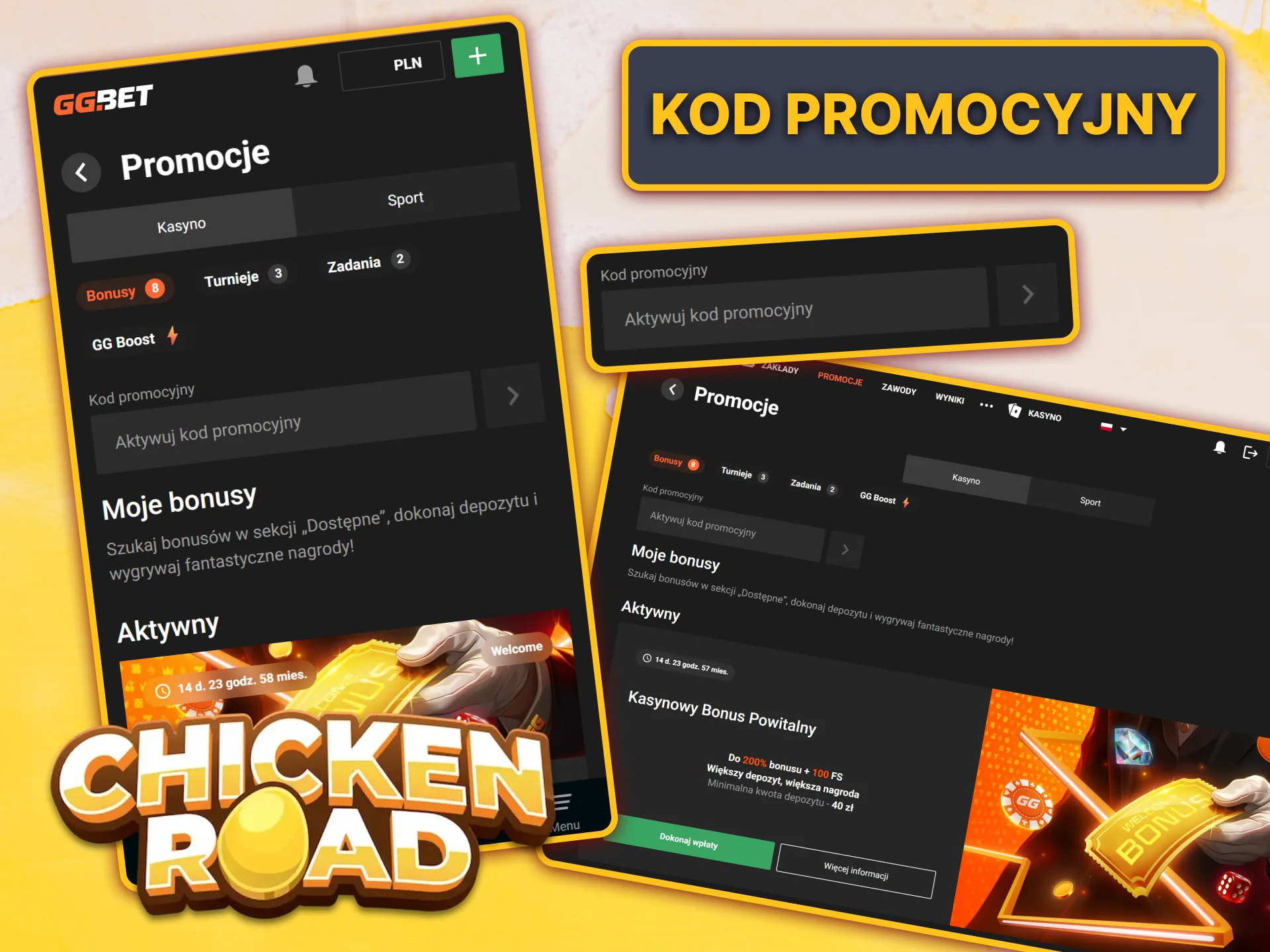 Zaloguj się na swoje konto i aktywuj kod promocyjny GGbet, aby otrzymać dodatkowe środki na grę w Chicken Road.