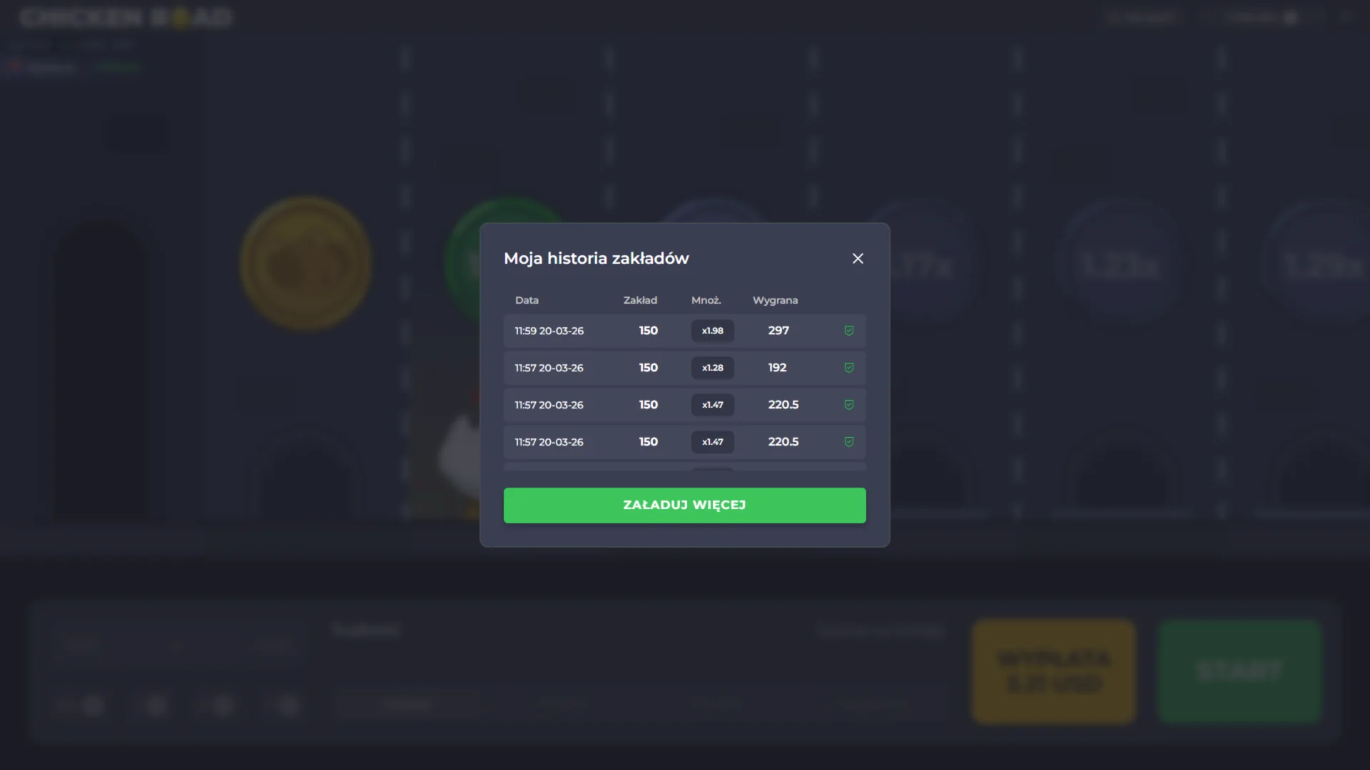 Zobacz historię swoich zakładów w Chicken Road.
