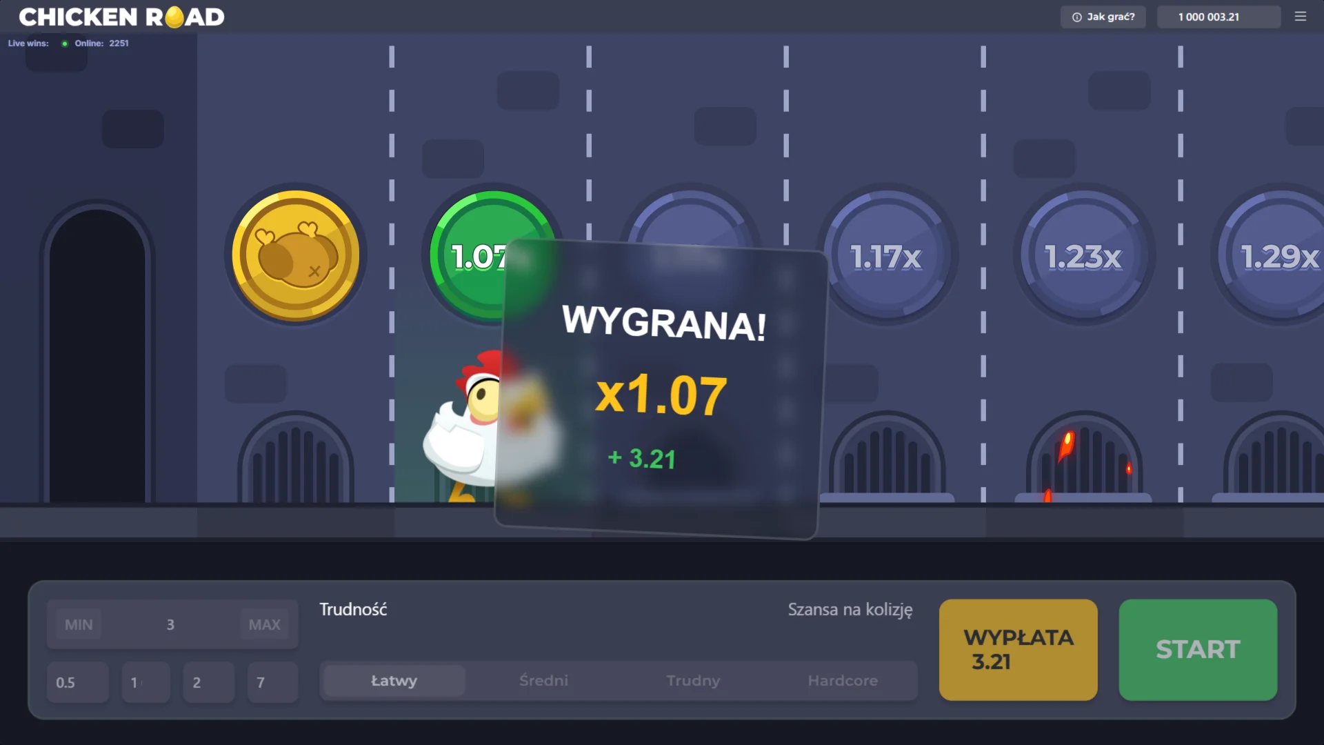 Wybierz, kiedy zakończyć rundę i odbierz wygraną w grze Chicken Road.