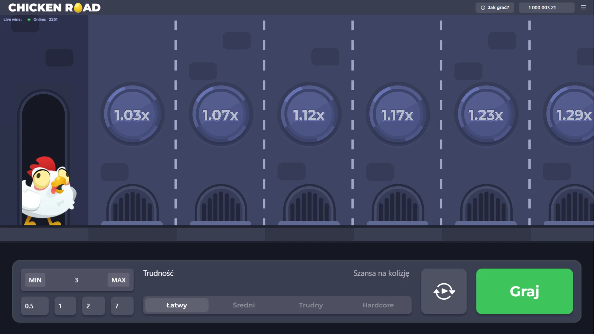 Wybierz poziom trudności i kliknij przycisk Graj, aby rozpocząć rundę gry Chicken Road.