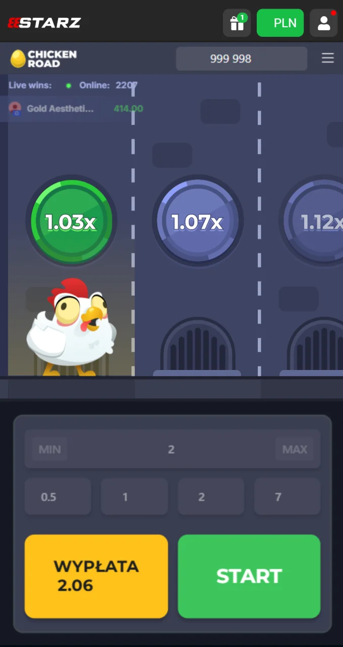 Postaw zakład i kliknij przycisk Start, aby rozpocząć ekscytującą rundę Chicken Road.