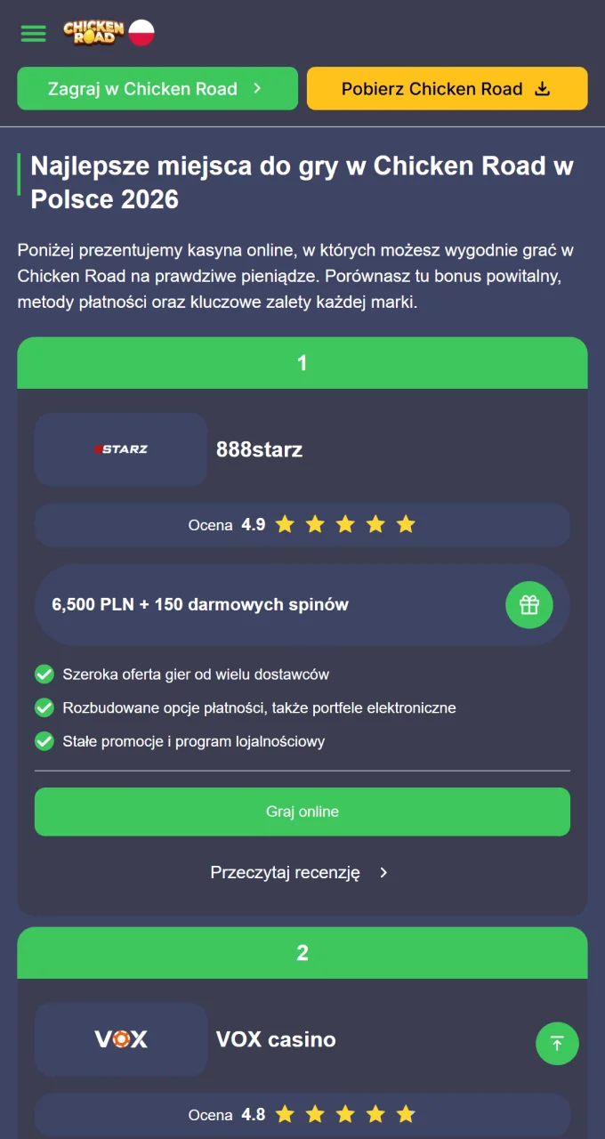 Sprawdź nasz ranking najlepszych kasyn online oferujących grę Chicken Road dla graczy z Polski.