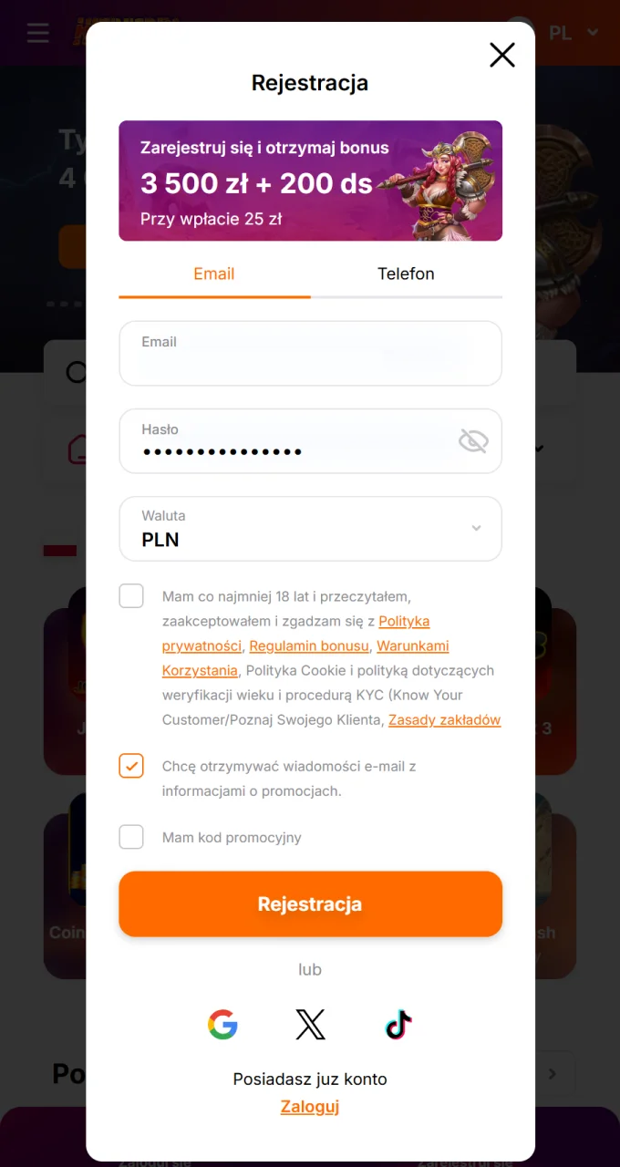 Zarejestruj się w kasynie HitNSpin, wybierz walutę i zacznij grać w Chicken Road.