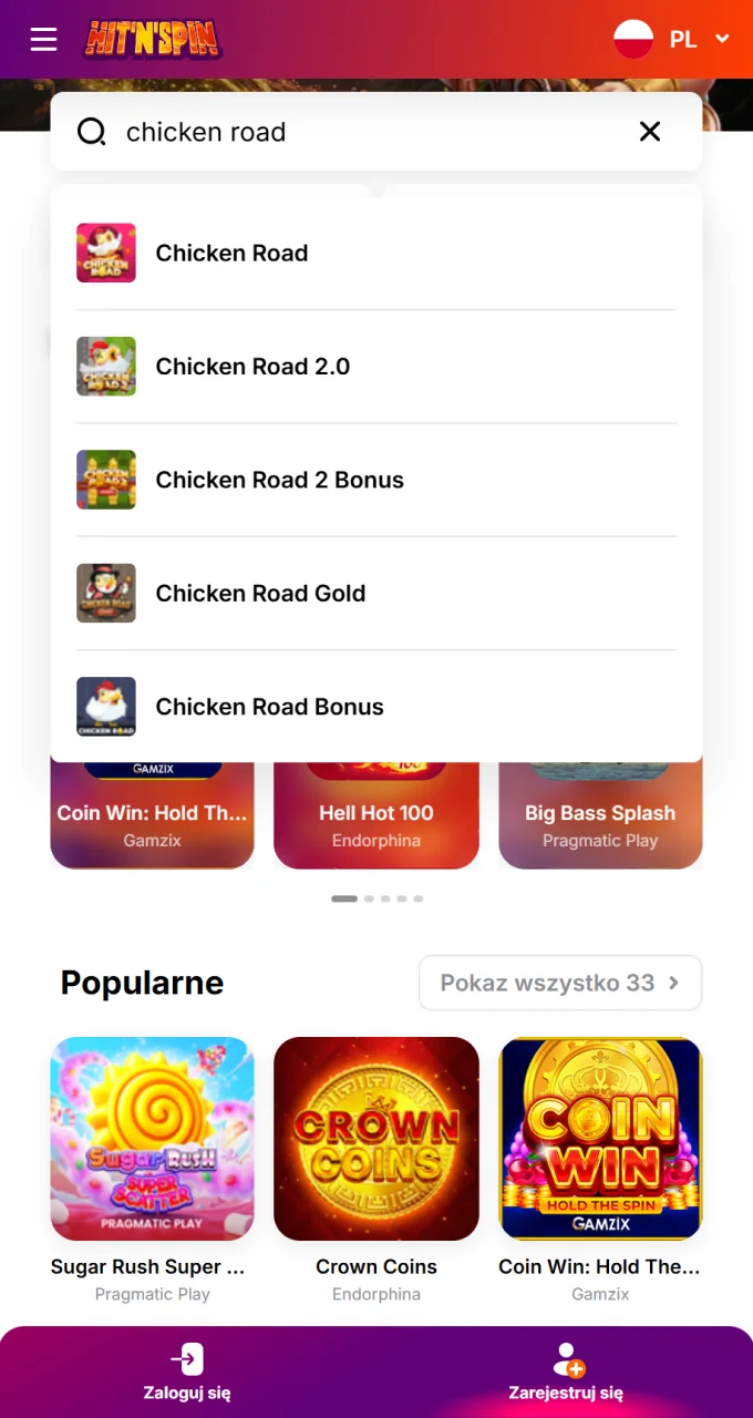 Wpisz Chicken Road w pasku wyszukiwania kasyna HitNSpin, aby znaleźć tę ekscytującą grę.