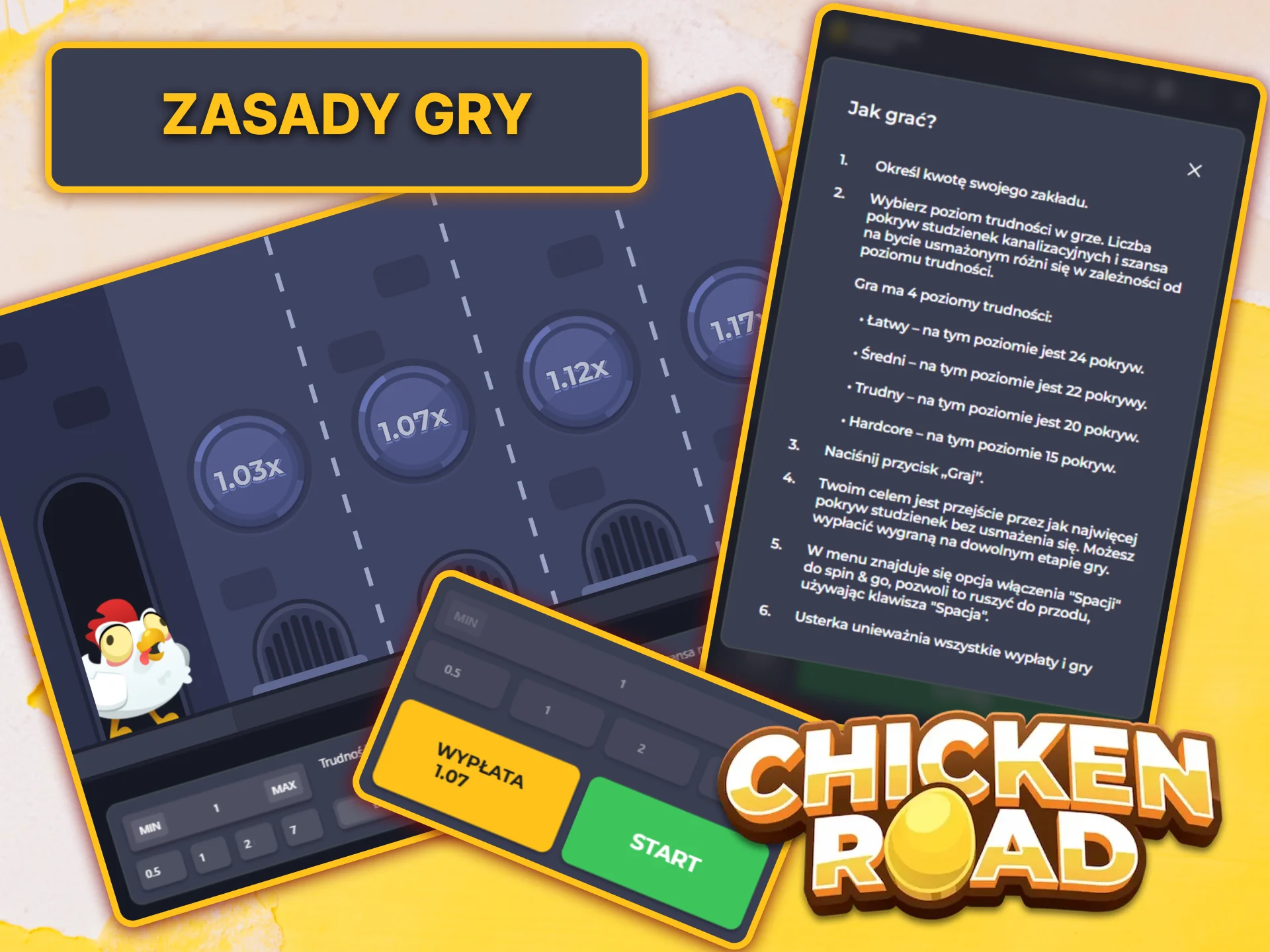 Poznaj proste zasady gry i wybierz poziom trudności gry Chicken Road na platformie HitNSpin.