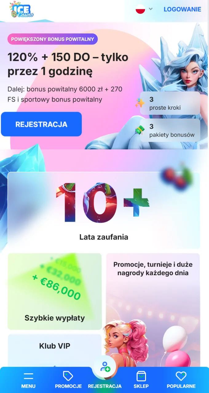 Wejdź na stronę główną Ice Casino, aby zarejestrować się na platformie.