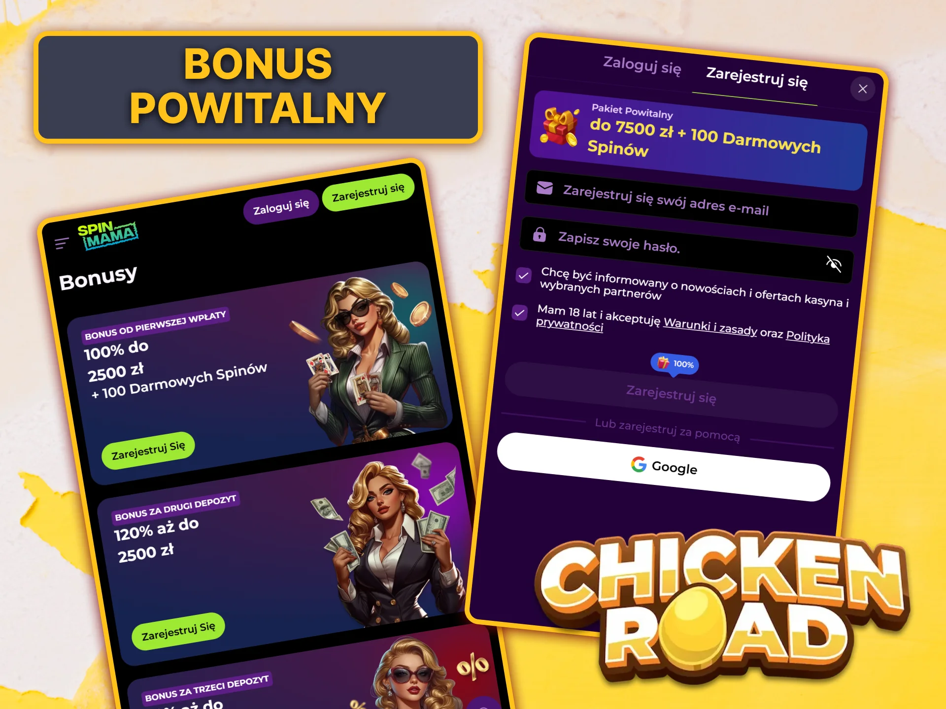 Odbierz pakiet powitalny Spinmama i graj w swoje ulubione gry, takie jak Chicken Road.