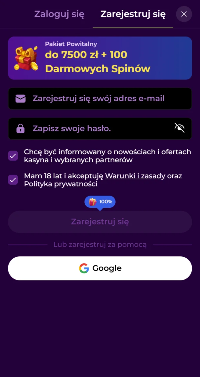Wypełnij prosty formularz rejestracyjny na stronie Spinmama i zagraj w Chicken Road.