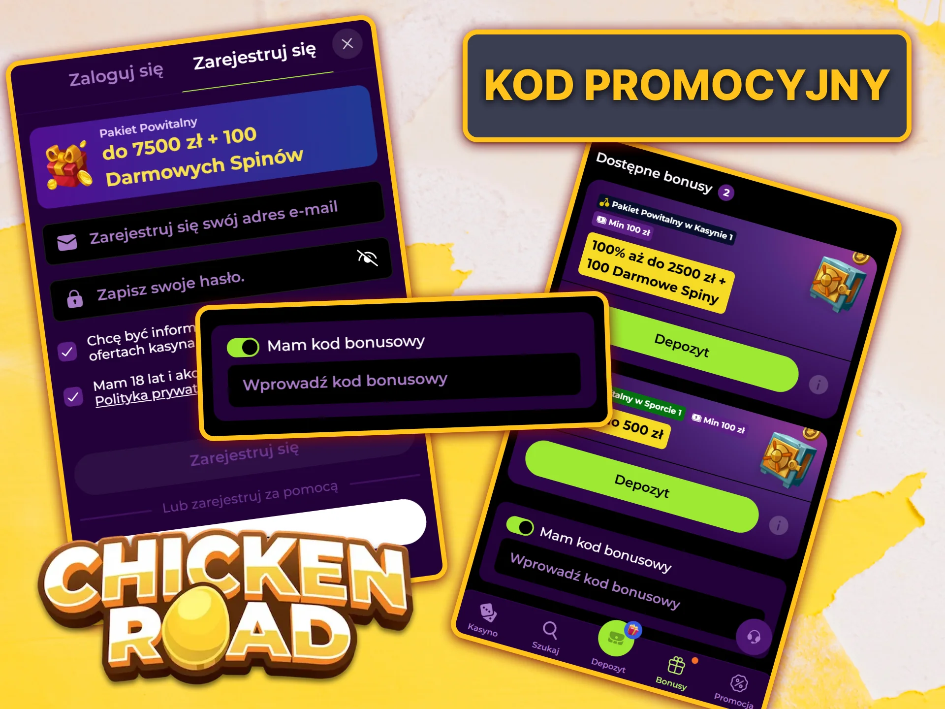 Jeśli posiadasz kod promocyjny, możesz go wpisać na stronie Spinmama i otrzymać bonusy do gry Chicken Road.