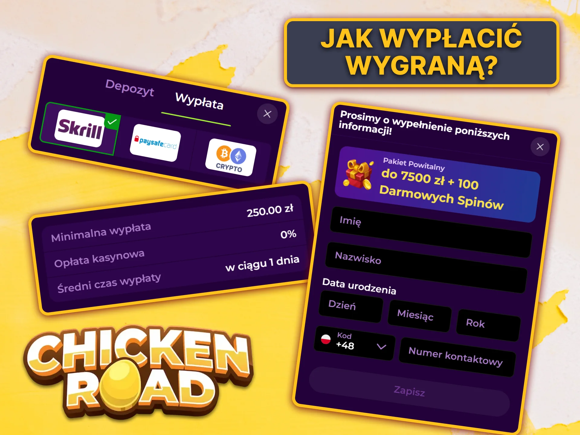 Wybierz jedną z dostępnych metod i wypłać swoje wygrane z Chicken Road ze strony Spinmama.