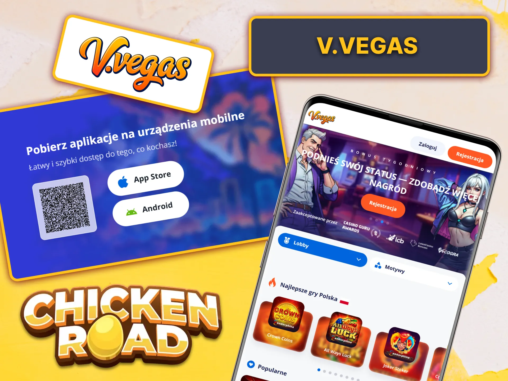 Wybierz aplikację V.Vegas i zdobądź bonus do gry Chicken Road.