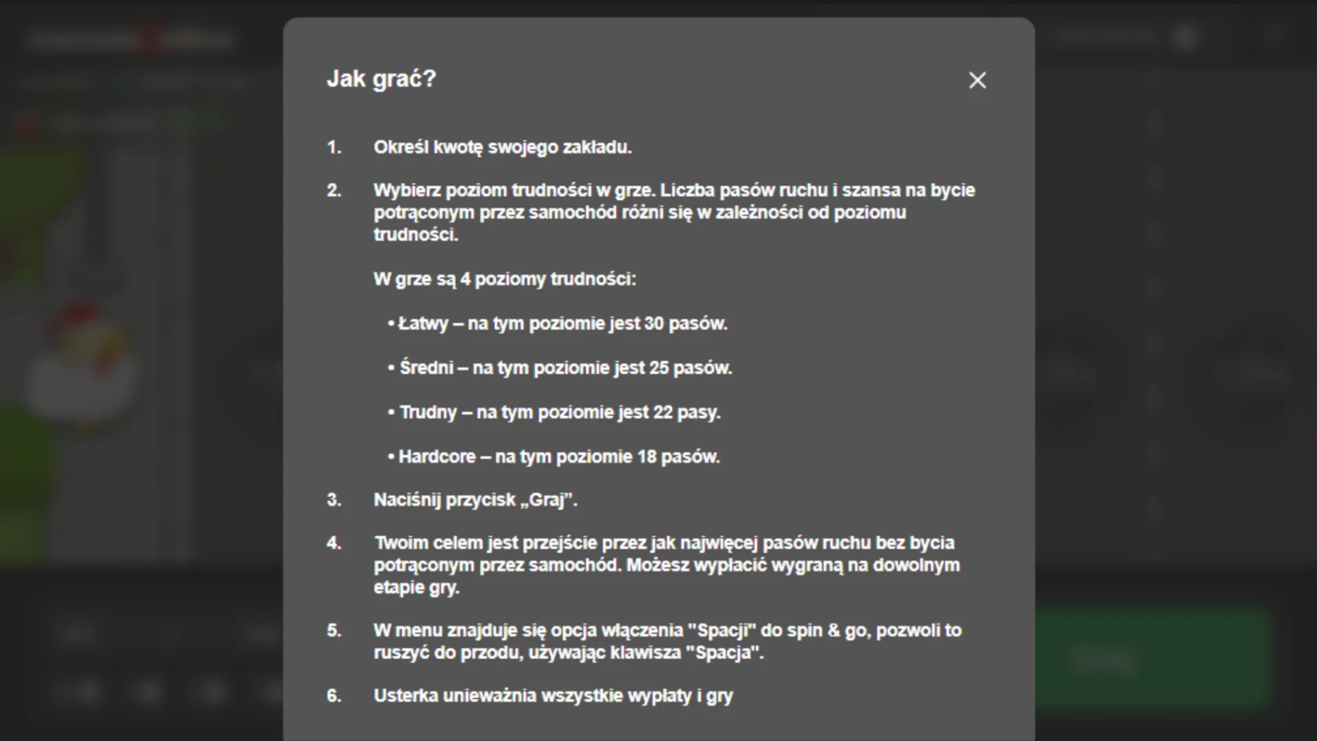 Przeczytaj uważnie proste instrukcje i wybierz jeden z czterech poziomów trudności na mapie Chicken Road 2.0.