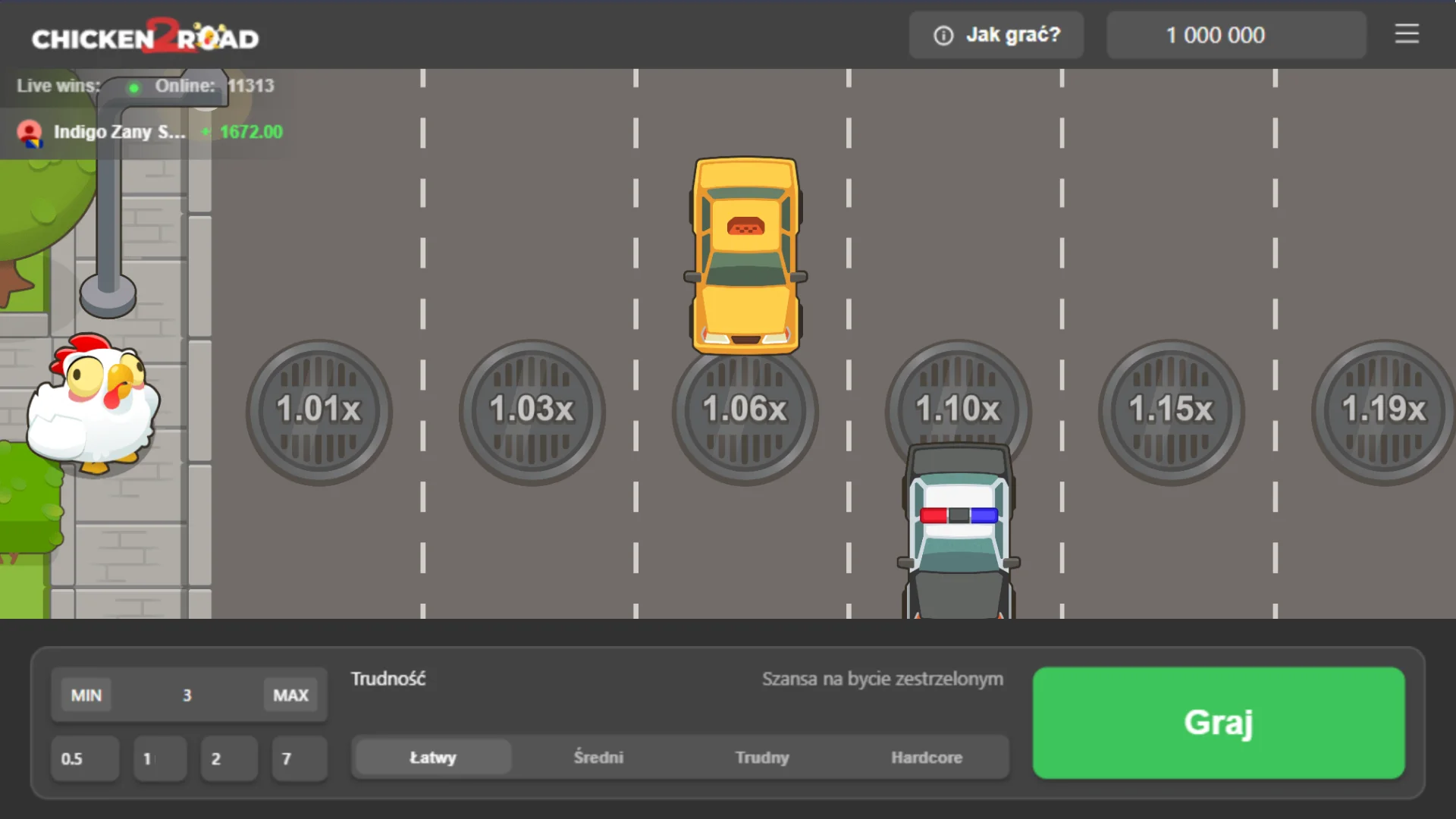 Postaw zakład, wybierz poziom trudności i kliknij Graj, aby rozpocząć swoją przygodę w Chicken Road 2.0.