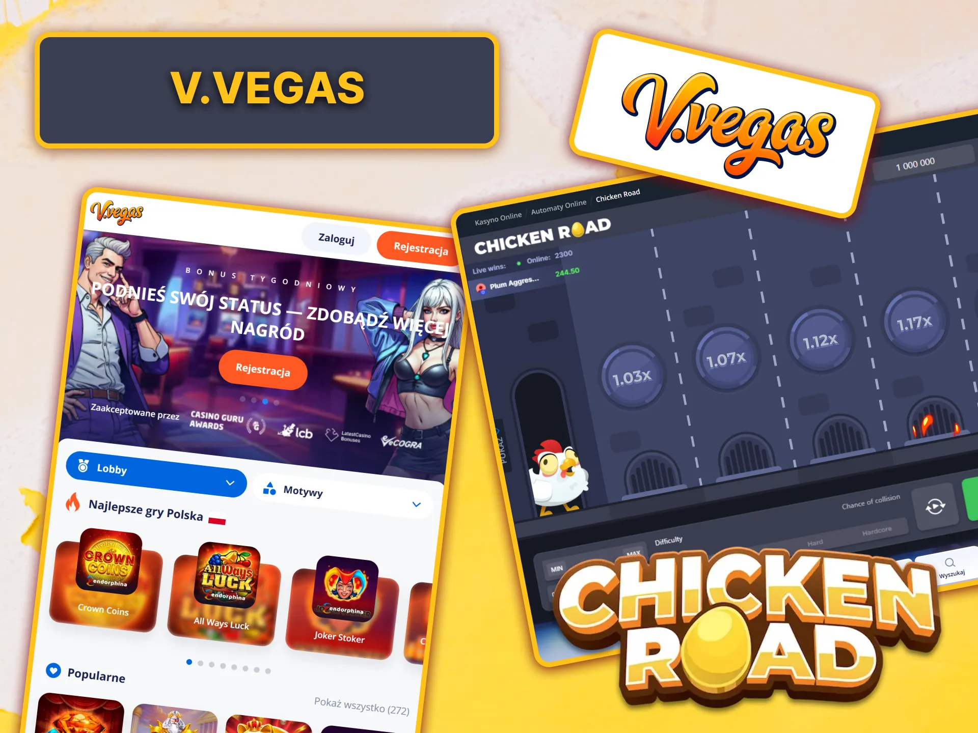 Wykorzystaj darmowe spiny w V.Vegas, aby zagrać w ekscytującą grę Chicken Road.