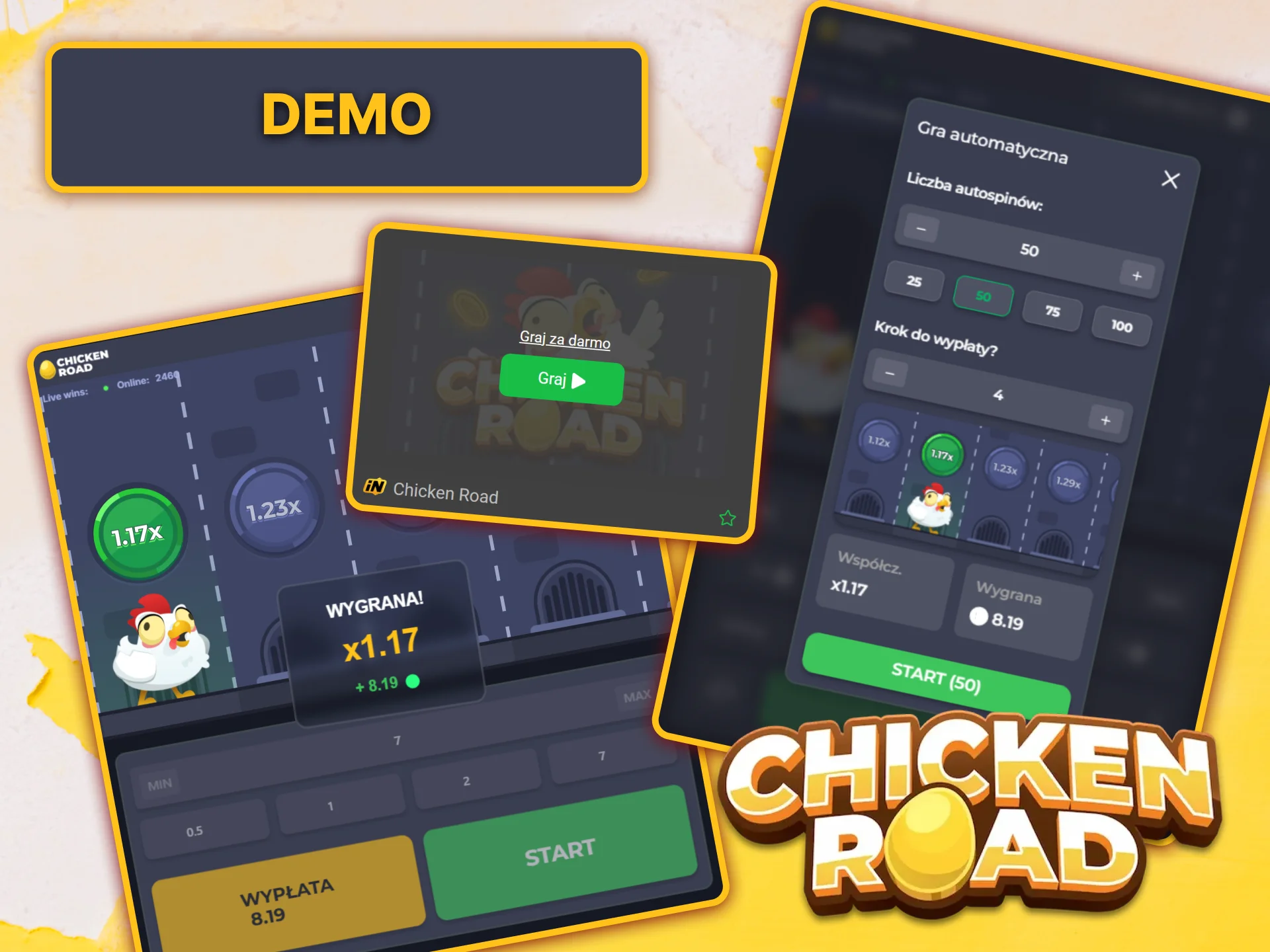 Wypróbuj bezpłatną wersję demonstracyjną Chicken Road, aby zapoznać się z mechaniką gry, zanim zagrasz w prawdziwą grę.