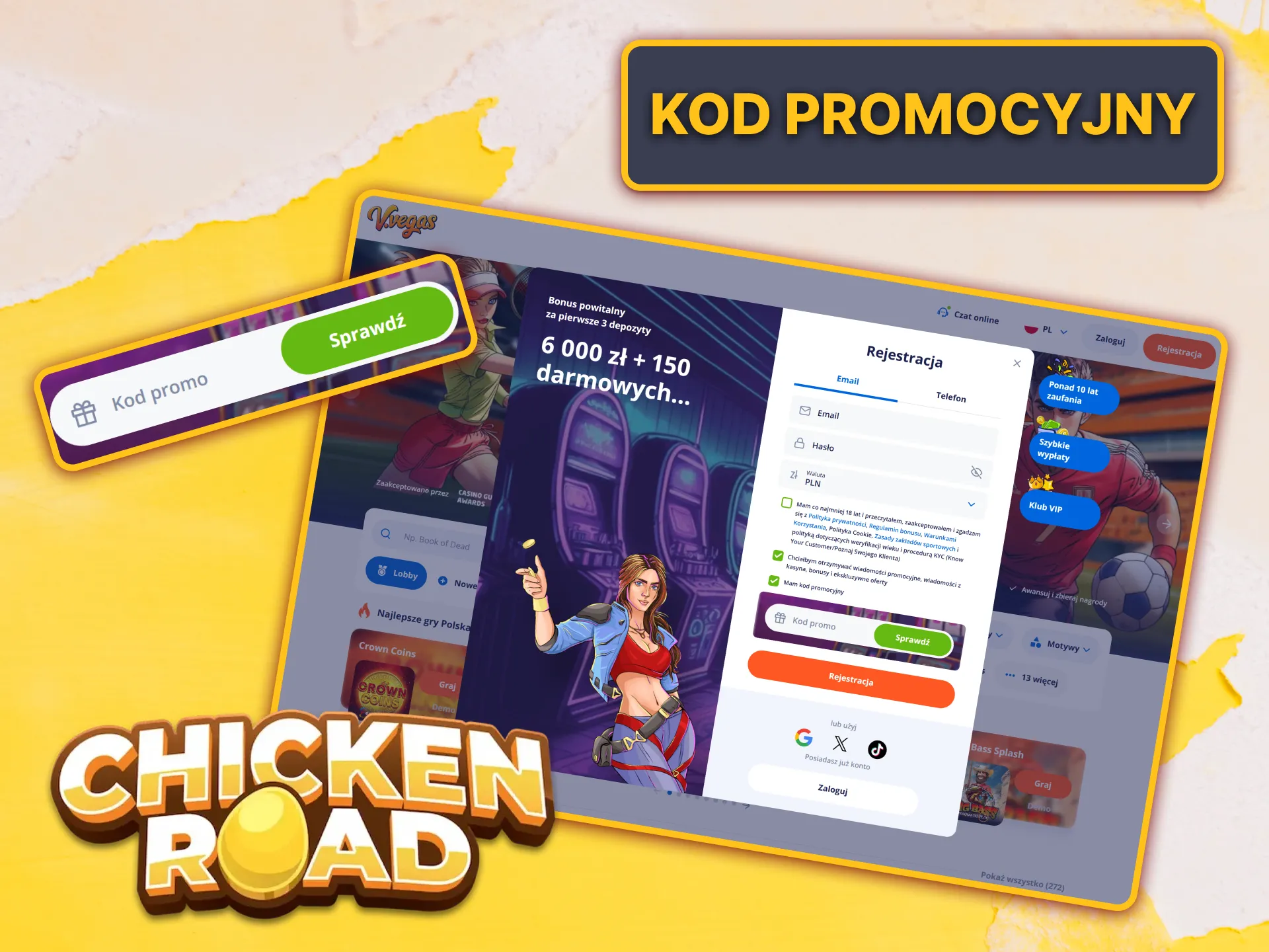 Dowiedz się, jak wykorzystać swój unikalny kod promocyjny V.Vegas, aby otrzymać bonusy w grze Chicken Road.