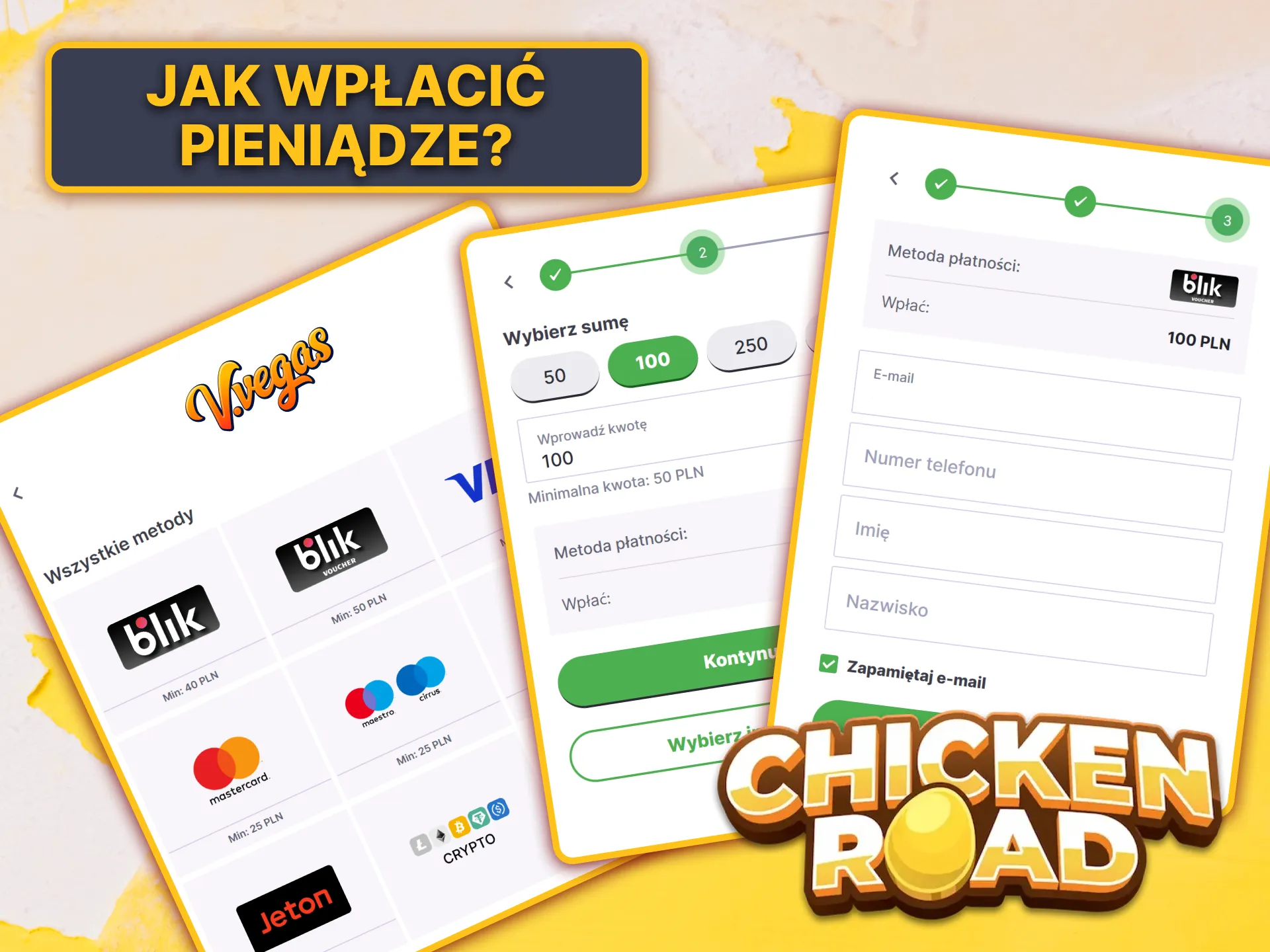 Skorzystaj z jednej z dostępnych metod zasilania konta V.Vegas i zagraj w Chicken Road.