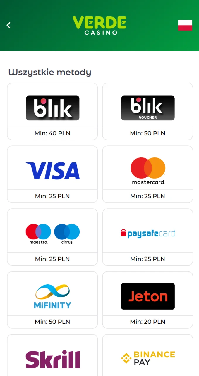 Wybierz wygodną dla siebie metodę płatności w Verde Casino i doładuj swoje konto, aby zagrać w Chicken Road.