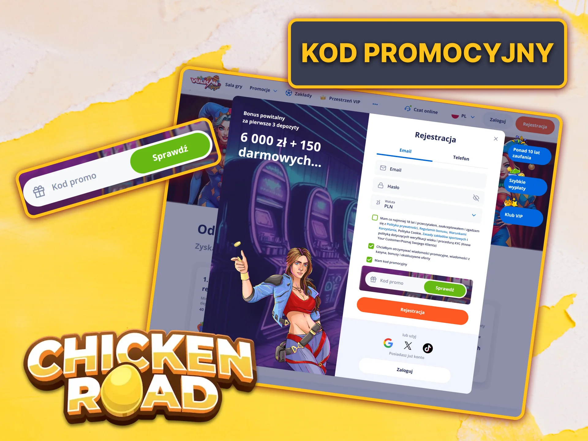 Dowiedz się, jak wykorzystać swój unikalny kod promocyjny Vulkan Vegas, aby otrzymać bonusy w grze Chicken Road.